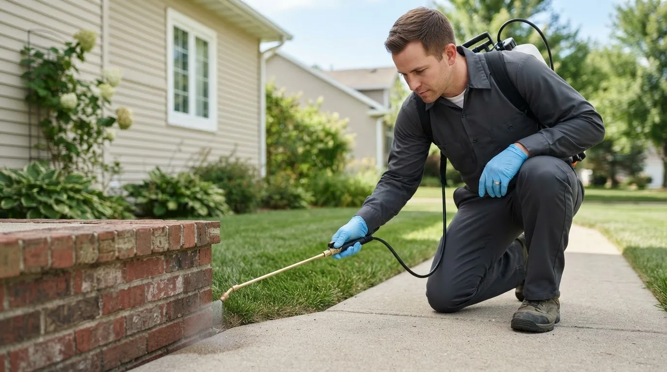 Pest control technician treating a home near Melbeta, NE